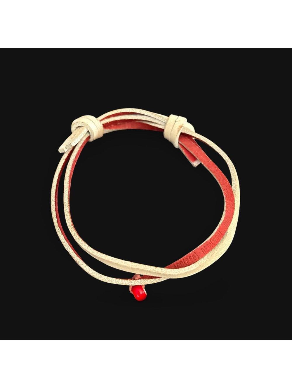 Red & cream leather wrap bracelet with red bead